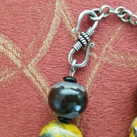 OOAK Yellow Turquoise, Raku Clay and Sterling Silver Beaded Necklace - Picture 4 of 5